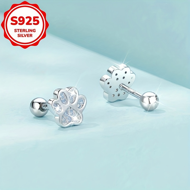 S925 Silver Pink Pet Paw Print Stud Earrings — Cute Gift Idea
